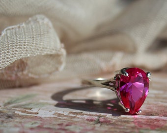 Pink Sapphire Ring, Pear Cut Ring, Sterling Silver Ring, 12x8mm Ring, Size 5.75 or 6 Ring, Gemstone Ring, Rings, Spring gifts, Pink, Ring