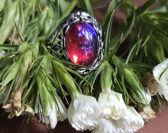 Dragon's Breath Glass Opal Ring, Antiqued Silver-Tone Fantasy Ring, Sizes 6–9