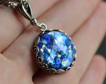 Starry Night Blue Fire Opal Necklace, Something Blue Wedding Jewelry, Fantasy Gift for Her