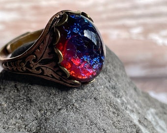 Dragon's Breath Ring, Fire Opal Ring, Fire and Lace Ring, Adjustable Ring, Ren Faire, Cosplay, Larp, Glass Opal Ring, Ren Faire, Spring gift