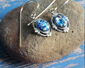Blue Opal Earrings, Deep Blue Sea Earrings, Leaf Earrings, Gift for Her, Nature Jewelry, Handmade Earrings
