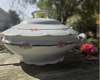Antique Victoria Austria Covered Serving Bowl, Pink Roses & Gold, 1904–1918