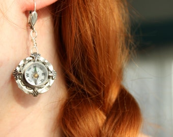 Compass Earrings, Nautical Wedding Jewelry, Steampunk Compass Earrings, True North Earrings, Travel Lover Gift, Gift for Her, Gamercore
