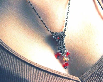 Red Crystal Heart Necklace, Medieval Filigree Cage Pendant, Gothic Fantasy Jewelry