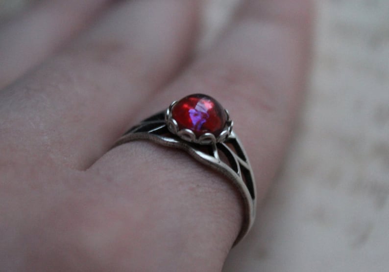 Petite Dragons Breath Ring, Fire Opal Ring, Antique Sterling Silver Filigree Band, Gift for Her, Promise Ring, Opal Ring, Valentine's Day image 3