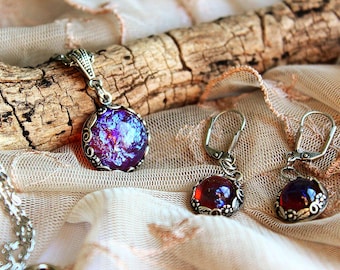 Sterling Silver Dragon Necklace Set, Mexican Fire Opal Elven Fantasy Jewelry