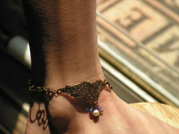 Golden Angel Wing Anklet or Bracelet, Pearls and Crystal Drops