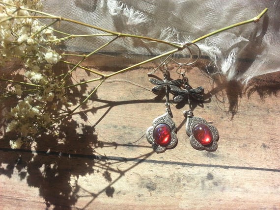Dragonfly Earrings, Fire Opal Earrings, Enchanted Garden Jewelry, Fantasy Earrings Gift for Her, Nature Inspired, Handmade USA