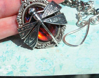 Dragonfly Fire Necklace, Fantasy Dragonfly Jewelry, Fire Opal Necklace, Enchanted Woodland Necklace, Renaissance Faire Jewelry, Gift for Her