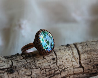 Green Fire Opal Ring, Opal Ring, Fire Opal Ring,  Adjustable Ring, Copper Jewelry, Trendy Gifts, Gift for Her, Victorian Ring, Free Shipping