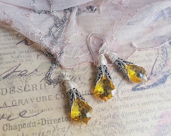 Citrine Topaz Jewelry Set, Necklace & Earrings, Wedding Jewelry, Gift for Her