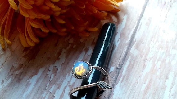 White Fire Opal Ring, Silver Leaf, Adjustable, Pretty in Pink, Gifts under 25, USA