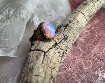 Cotton Candy Pink Fire Ring, Pink Opal and Lace Ring, Enchanted Ring, Adjustable Ring, Cosplay, LARP, Glass Opal Ring, Christmas in July