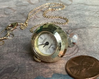 Retro Golden Orb Watch Necklace, Timey Wimey, Fully Serviced, Topsy Turvy, Gemstones, 14kt gf, Mechanical, Herkimer Diamond, Birthday Gifts