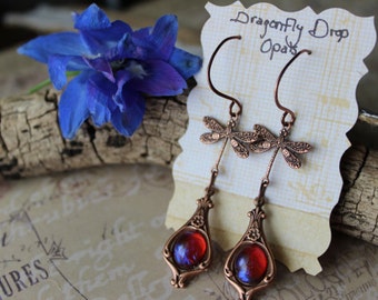 Dragonfly Earrings, Fire Opal Earrings, Breath of Dragon Earrings, Medieval Earrings, Dragon's breath earrings, Ren Faire, Game Con, gifts