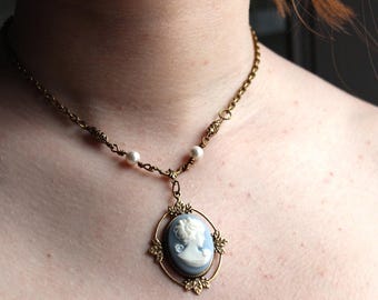 Collar con camafeo azul en plata de ley, collar de Kathrine, creador y vendedor estadounidense, collar de la serie de vampiros, boda, novia, regalo RGP