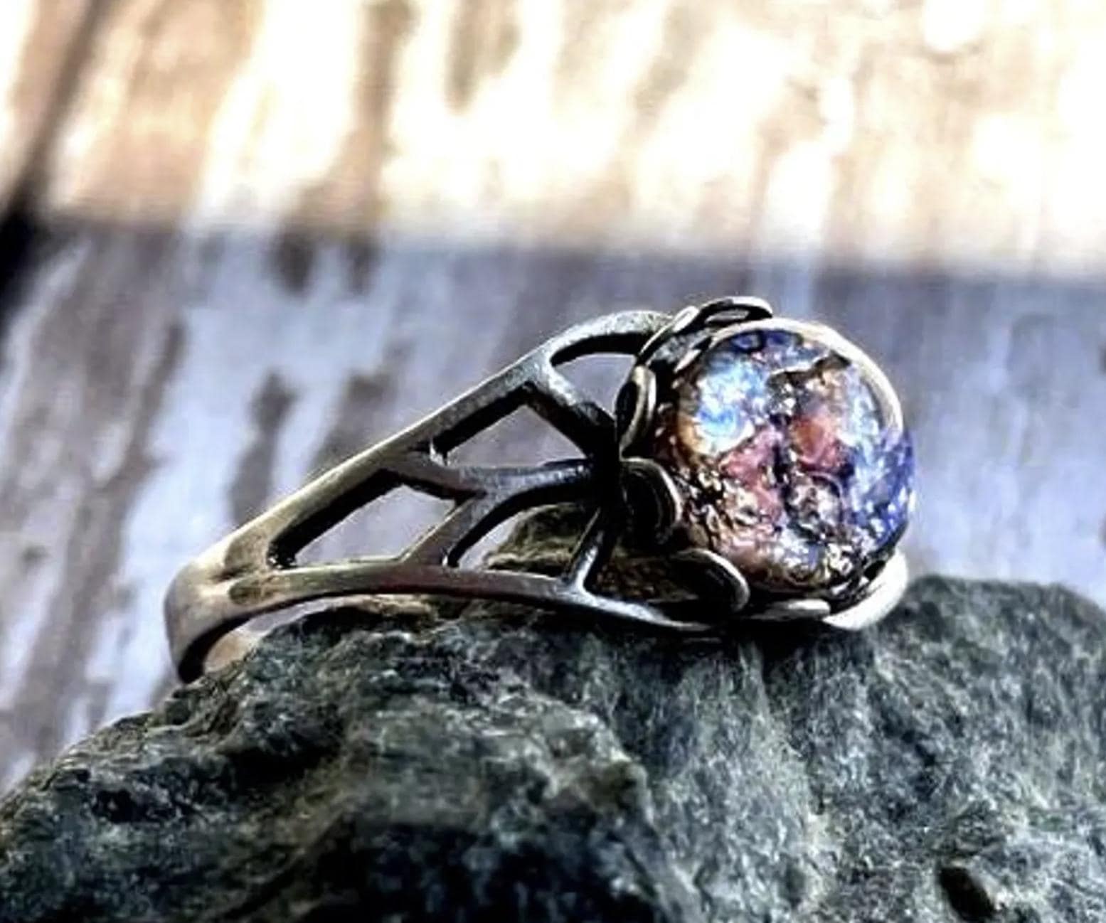 Bague Art Déco En Argent Solide Avec Améthyste Et Opale De Feu - Style Filigrane - Neuf Sans Boîte