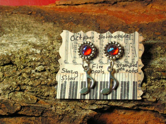 Sterling Silver Music Note Earrings, Fire Opal 8th Note Earrings, Music Lover Gift for Her