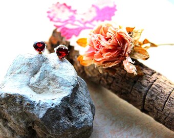 Genuine Garnet Heart Stud Earrings, Sterling Silver Fine Jewelry, Gift for Her