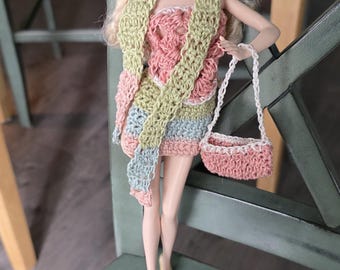 Crochet Barbie Clothes Set, My Scene Doll Outfit, Trendy Fashion Doll Clothes with Purse & Scarf