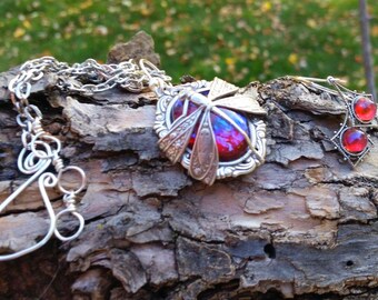 Dragonfly Fire Opal Jewelry Set, Dragon Breath Necklace and Earrings, Fantasy Jewelry Gift for Her, Choose Set or Individual Pieces