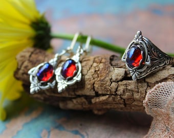 Conjunto de pendientes y anillos de ópalo de fuego, joyería Aliento de Dragón, conjunto de joyería de fantasía medieval, feria renacentista, conjunto o piezas individuales, regalo para ella, hecho a mano en EE. UU.