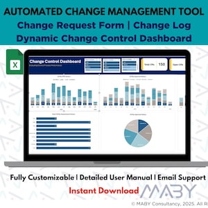 Peut inclure: Un écran d'ordinateur portable affichant un tableau de bord d'outil de gestion des changements avec des graphiques et des diagrammes. Le tableau de bord comprend un titre "Change Control Dashboard" et un total de 150 demandes de changement ouvertes. Le texte "Fully Customizable | Detailed User Manual | Email Support" est affiché sous l'écran de l'ordinateur portable.