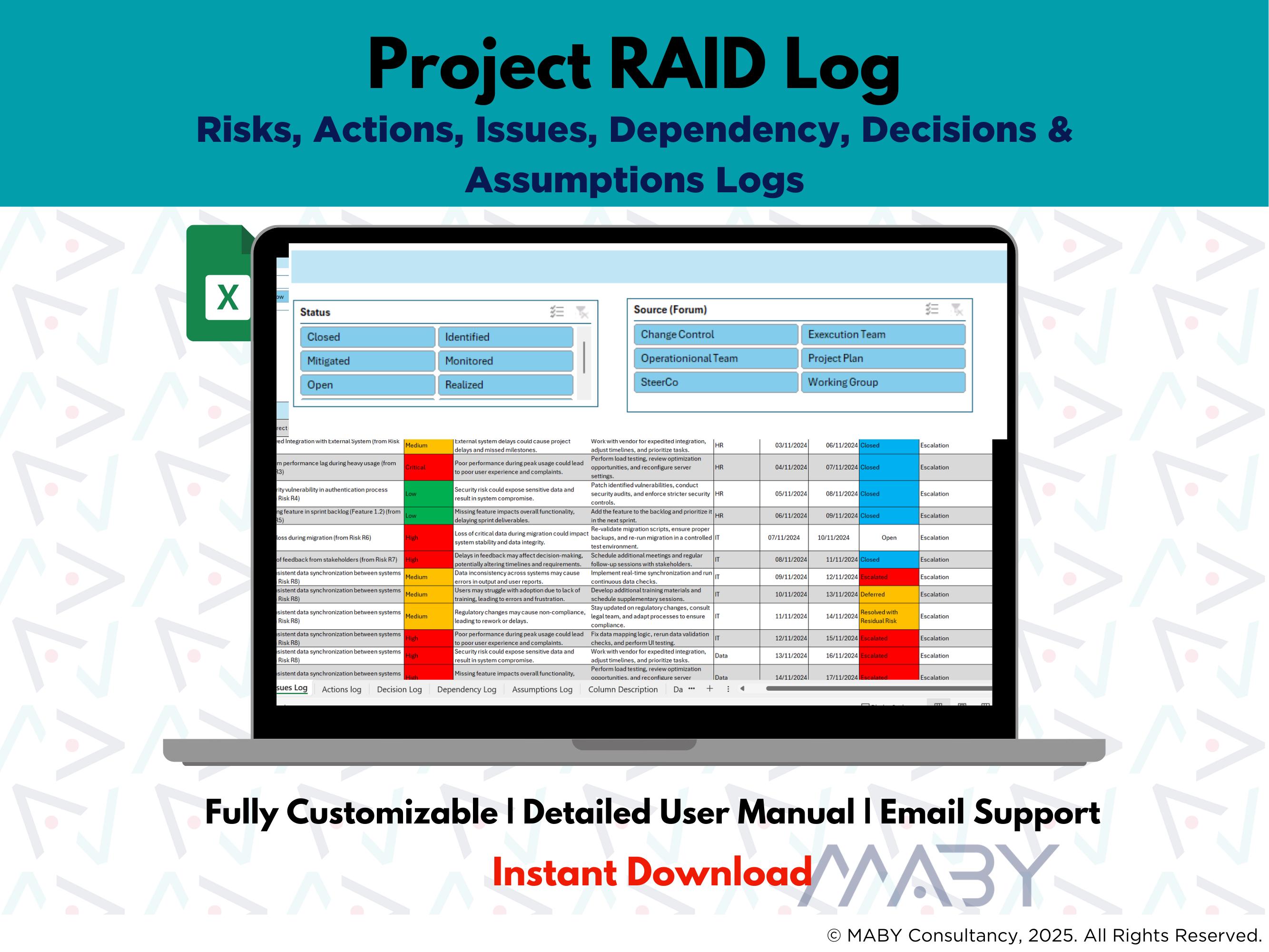 Risicobeoordeling, Risicologboek, Probleemlogboek, Projectmanagement, RAID-logboek, PMO-tracker, Projectrisico, Excel-sjabloon, Automatische weergave, Tracker