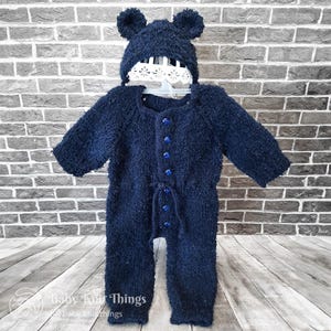 Handmade Knitted Unisex Set (Romper and Bonnet with Ears), Dark Blue, 0-3 Months