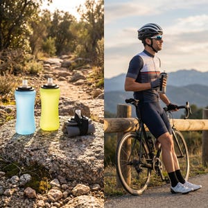 Puede incluir: Dos botellas de agua flexibles y reutilizables, una azul y otra amarilla, sobre una roca. Un ciclista con ropa deportiva y casco descansa en una bicicleta, sosteniendo una botella de agua. La escena es al aire libre con monta&ntilde;as.