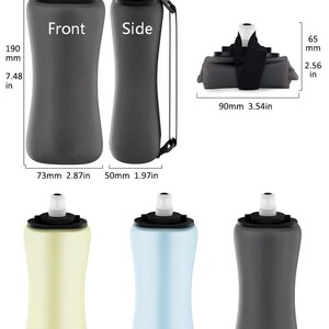 Puede incluir: Botellas de agua plegables en gris, amarillo y azul, con tapas negras y boquillas blancas. Las botellas se muestran en varias vistas, incluyendo frontal, lateral y plegadas. Cada botella mide aproximadamente 19 cm de alto y 6,5 cm de ancho.