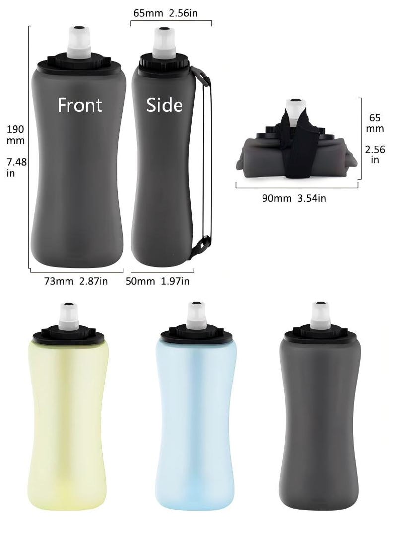 Puede incluir: Botellas de agua plegables en gris, amarillo y azul, con tapas negras y boquillas blancas. Las botellas se muestran en varias vistas, incluyendo frontal, lateral y plegadas. Cada botella mide aproximadamente 19 cm de alto y 6,5 cm de ancho.