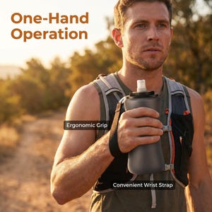 Puede incluir: Una botella de agua gris oscuro con una boquilla blanca es sostenida por una persona que lleva un chaleco. La botella tiene una pr&aacute;ctica correa de mu&ntilde;eca y un agarre ergon&oacute;mico. El texto en la imagen dice "One-Hand Operation".