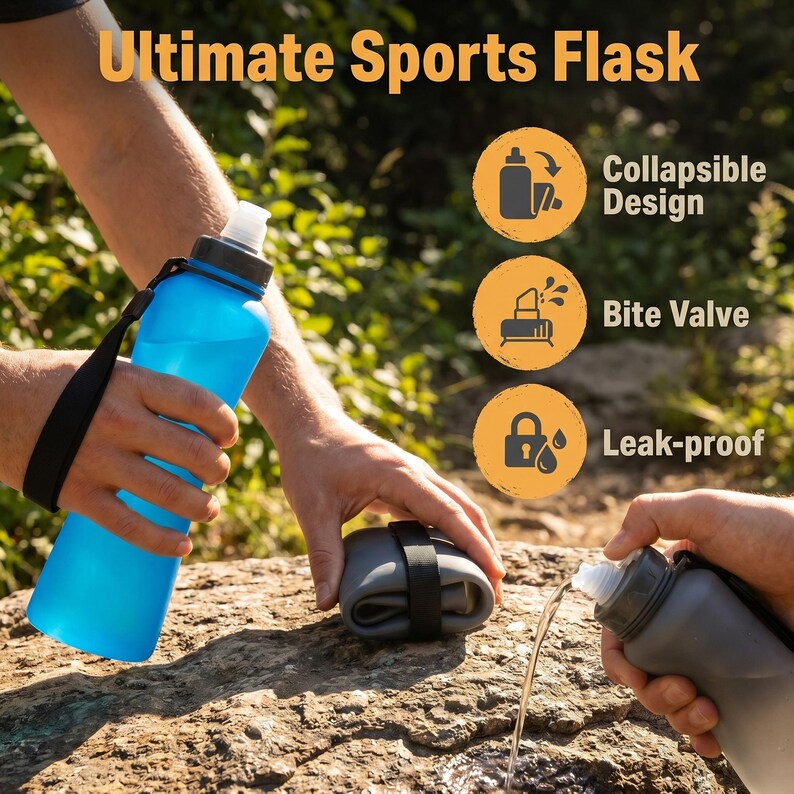 Puede incluir: Una botella deportiva azul con una correa negra es sostenida por una persona. La botella est&aacute; llena de agua. El texto "Ultimate Sports Flask" est&aacute; en la parte superior. La botella es plegable, tiene una v&aacute;lvula de mordida y es a prueba de fugas.