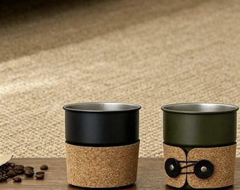 Portable Cork Cup Sleeve | Insulated PU Leather Heat Resistant Coffee Cup Holder | Stackable Travel Mug Sleeve