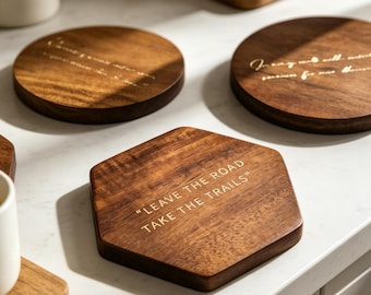 Rustic Wooden Coaster Set | Handmade Walnut Drink Coaster | Minimalist Engraved Coffee Table Decor | Boho Housewarming Gift