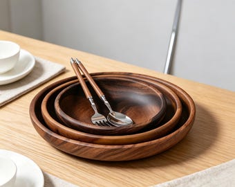 Handmade Wooden Serving Bowl, Rustic Acacia Wood Fruit Bowl, Natural Salad Bowl, Farmhouse Kitchen Decor, Wooden Snack Dish