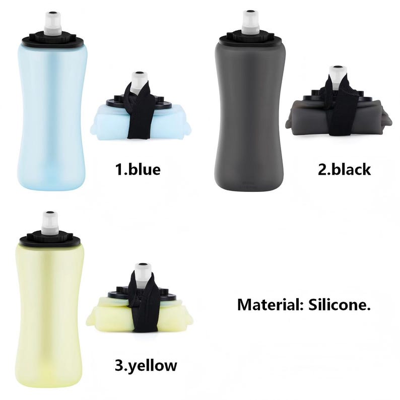 Puede incluir: Tres botellas de agua de silicona en azul, negro y amarillo, cada una con una tapa negra y una correa negra. Las botellas se muestran tanto en posici&oacute;n vertical como plegadas. Tambi&eacute;n se ve el texto "Material: Silicone".