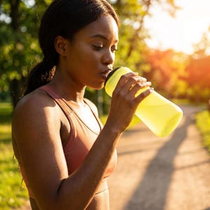 Puede incluir: Una mujer bebe de una botella de agua amarilla con tapa negra. Lleva un sujetador deportivo color melocot&oacute;n. El fondo muestra un parque con &aacute;rboles y un camino. La botella es cil&iacute;ndrica.