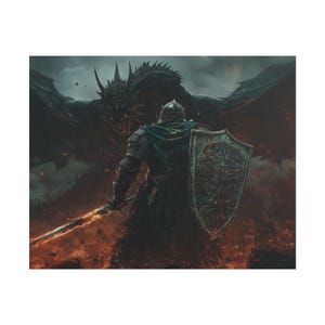 Knight vs Black Dragon - Dark Fantasy Matte Poster, Medieval Wall Art