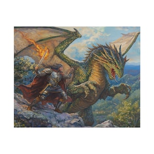 Knight vs Green Dragon - Fantasy Matte Poster, Landscape Wall Art