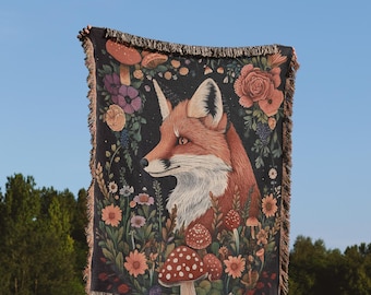 Red Fox In Flowers Woven Blanket + Tapestry