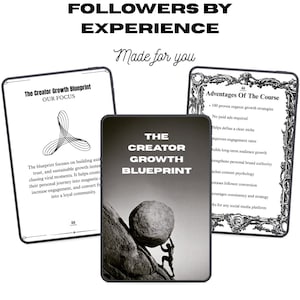 Puede incluir: Imagen con el texto "100 formas de ganar seguidores por experiencia" y "Hecho para ti". Presenta tres tarjetas: "The Creator Growth Blueprint" con una persona empujando una roca, y dos tarjetas con texto sobre el curso.