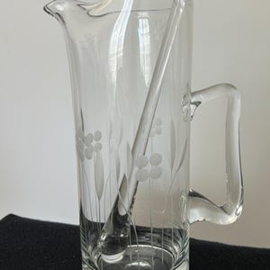 Vintage Floral Etched Glass Pitcher With Glass Stirring Rod
