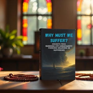 May include: A book titled "WHY MUST WE SUFFER?" stands on a wooden table. The book's cover features a seascape with a sailboat. Prayer beads and red cushions are arranged around the book. The background includes bookshelves and stained-glass windows.