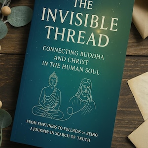 May include: A hardcover book titled "The Invisible Thread" with a teal and green gradient cover. The cover features line drawings of Buddha and Christ, with text that reads "Connecting Buddha and Christ in the Human Soul."