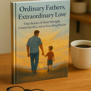 May include: A book titled "Ordinary Fathers, Extraordinary Love" with a sunset illustration of a father and son walking hand-in-hand on a beach. The book's subtitle is "True Stories of Quiet Strength, Unseen Sacrifice, and the Power Being Present."