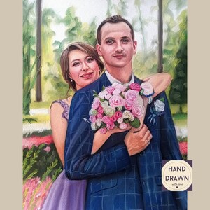 Custom Wedding Portrait from photo Hand Painted | Pastel couple portrait to order | Wedding portrait on paper  Personalized Wedding Portrait