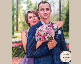 Könnte beinhalten: Ein handgemaltes Bild von einem Paar in einer Gartenlandschaft. Die Frau trägt ein lila Kleid und der Mann einen blauen Anzug. Sie halten einen Strauß rosa und weißer Blumen. Das Bild ist signiert mit "HAND DRAWN with love".
