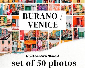 DIGITAL PHOTO COLLAGE Kit / Set von 50 Fotos aus Burano (Venedig, Italien) bunt, ästhetisches Set für Reisende, Wohnheim Dekor, Tezza inspiriert